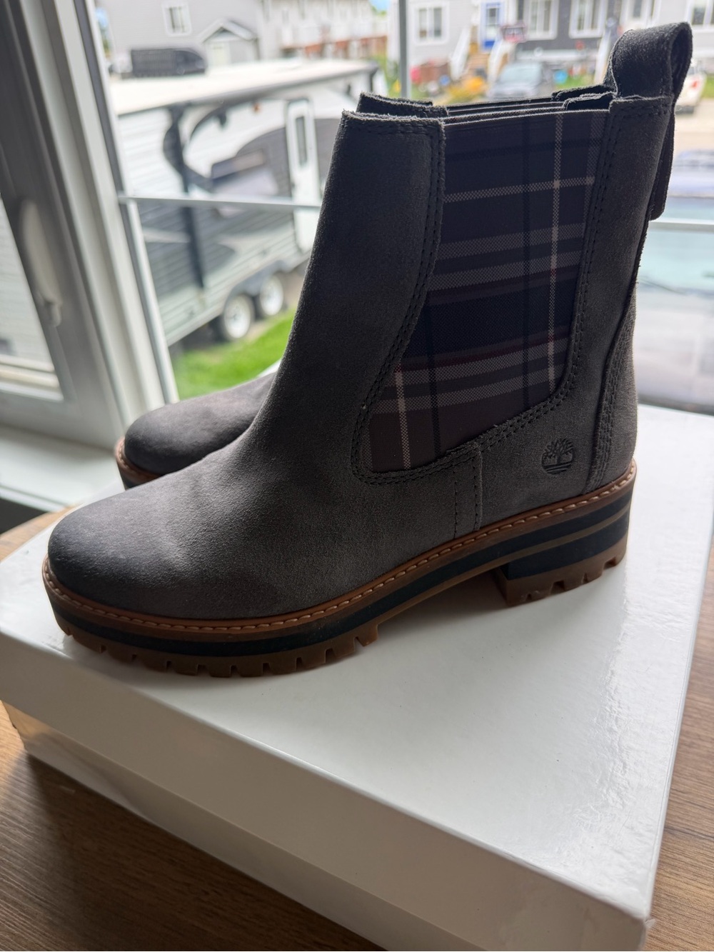 Timberland Women's Gray Suede Chelsea Boot with Plaid Elastic Panel